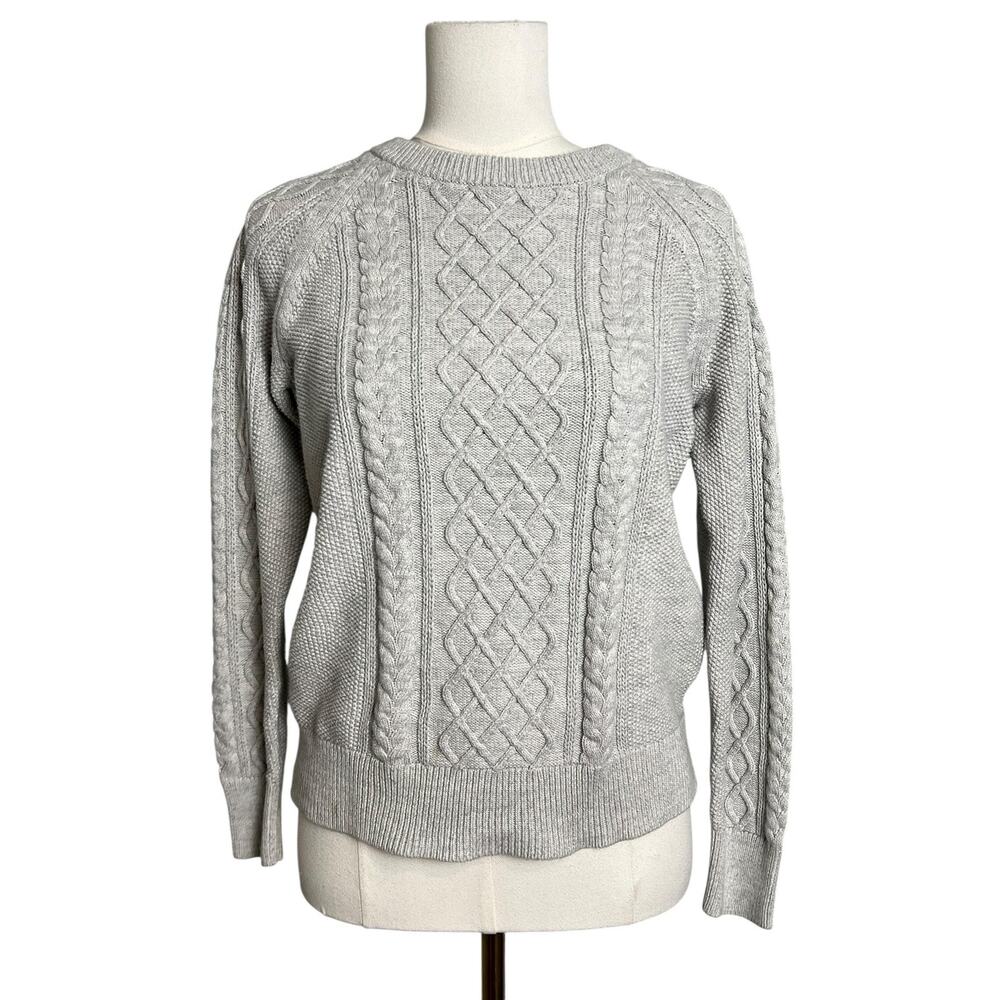 Gap Cable Knit Sweater Medium Heather Gray Crew Neck Cotton Raglan OC Cable